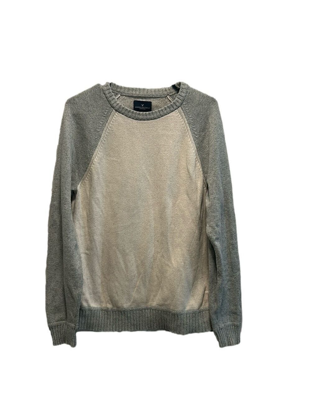 American Eagle Men's Cotton Knit Crew Gray & Off White Colorblock Sweater